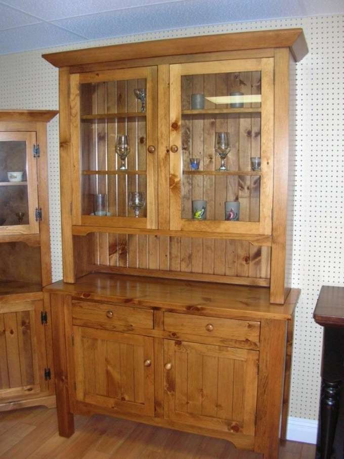 Rustic Pine Sideboard and Glass Door Hutc